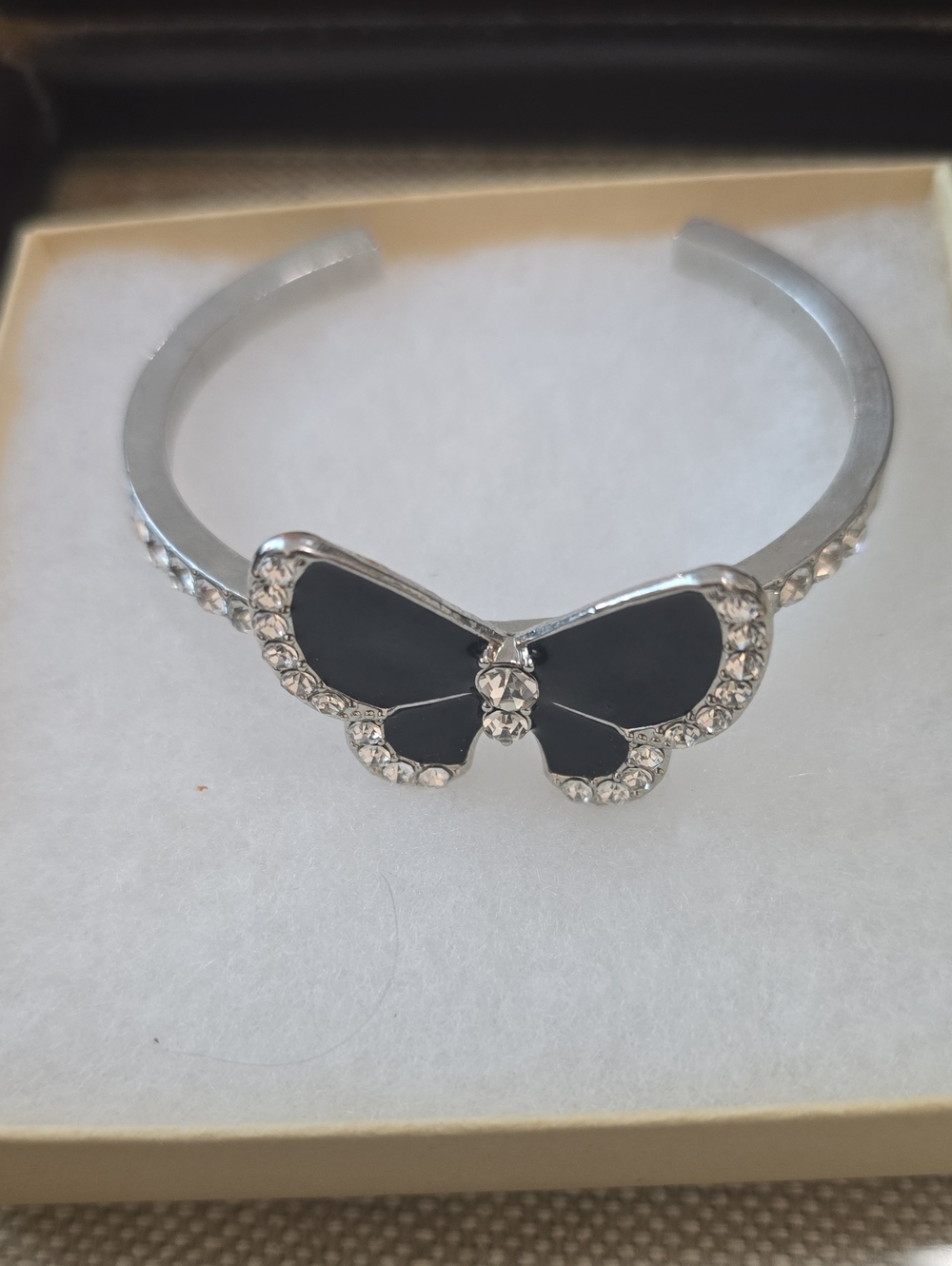Girls Silver Butterfly Cuff Bracelet with Black Enamel and Crystals